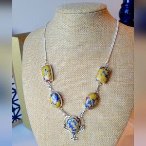 Five Natural Mosaic Jasper Silver Necklace ✨️